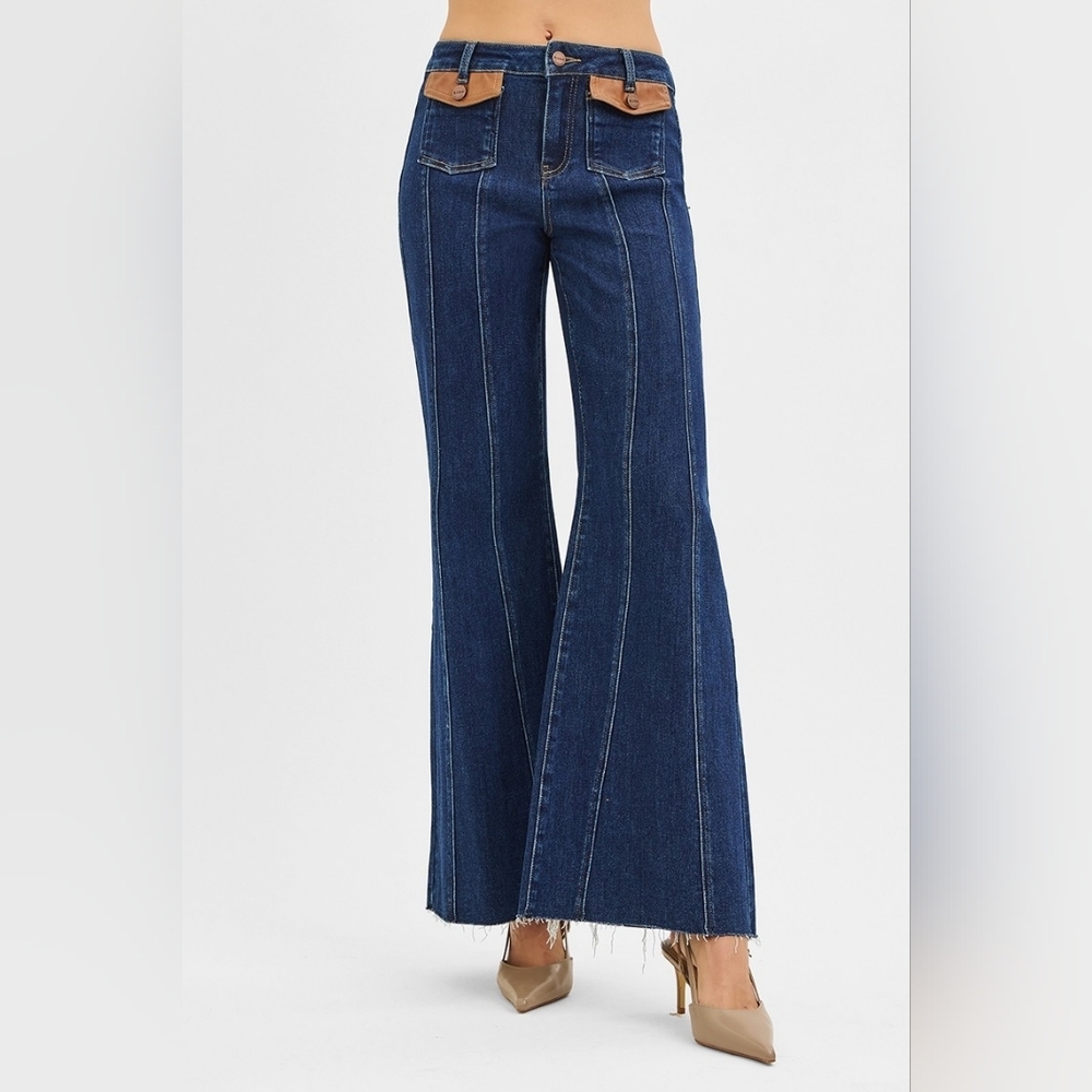 RISEN HR Dark Wide Flare Jeans Front Seam Leather Flap Patch Pocket Various NEW - Picture 6 of 13